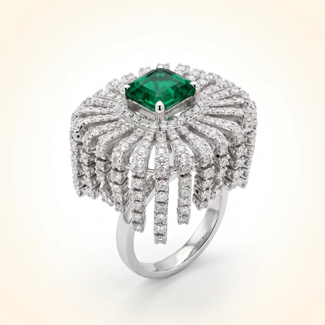 Emerald Sunburst Ring - An emerald sun, white light radiating